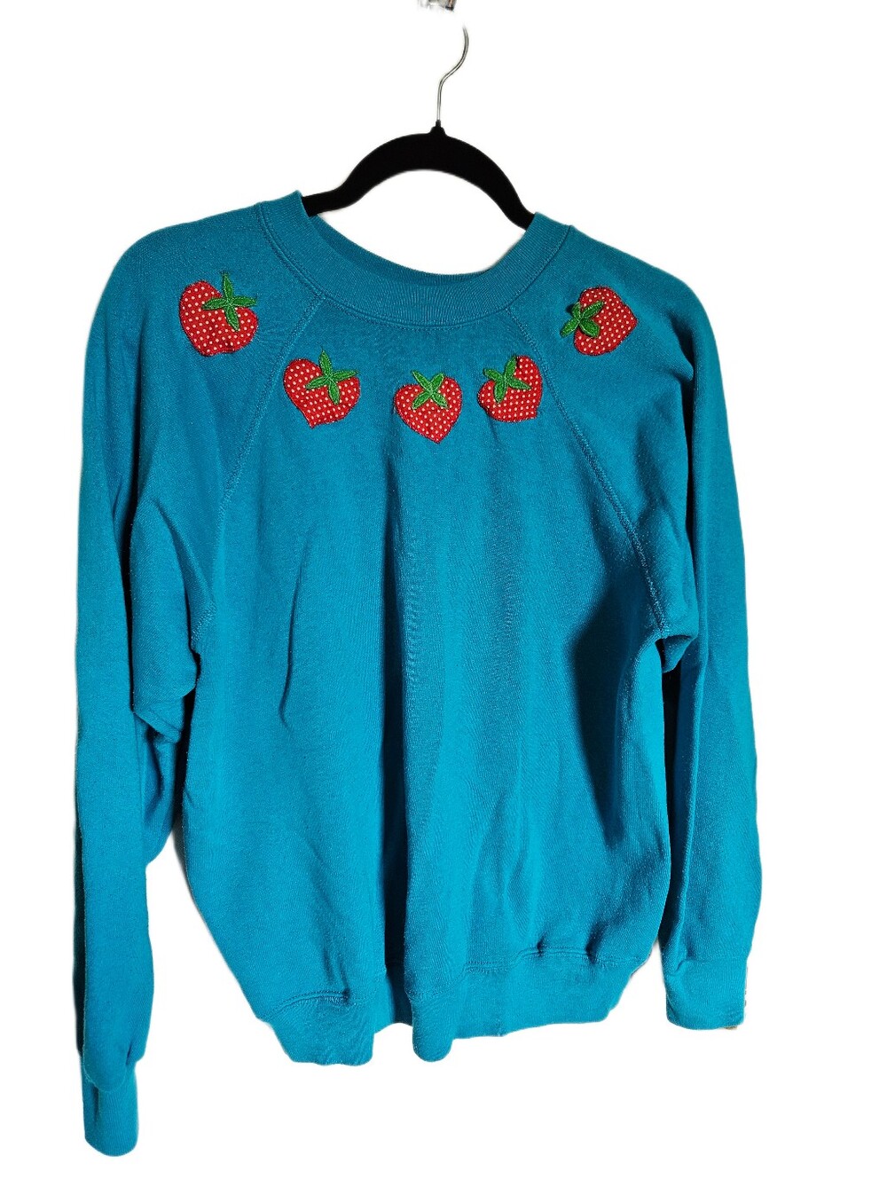 Vintage Teal Strawberry Embroidered Crewneck Sweater